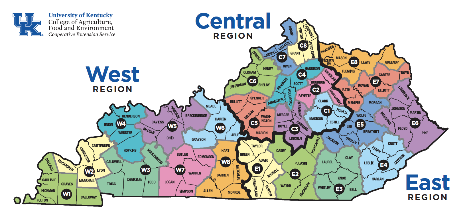 Map of Kentucky counties divided by Extension Areas and Extension Regions